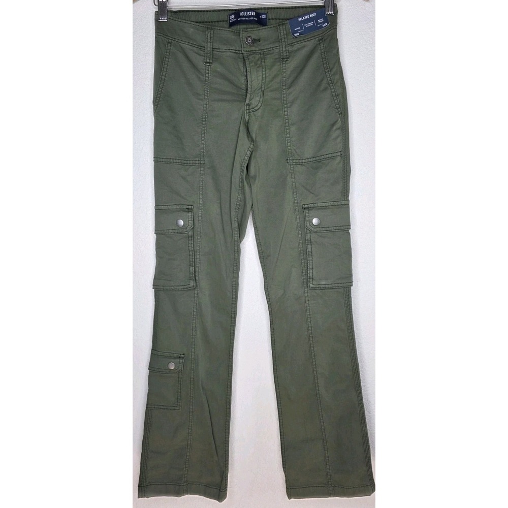 New Hollister Mid-Rise Relaxed Boot Cargo Pants 23x32 Olive Utility Y2K Flare